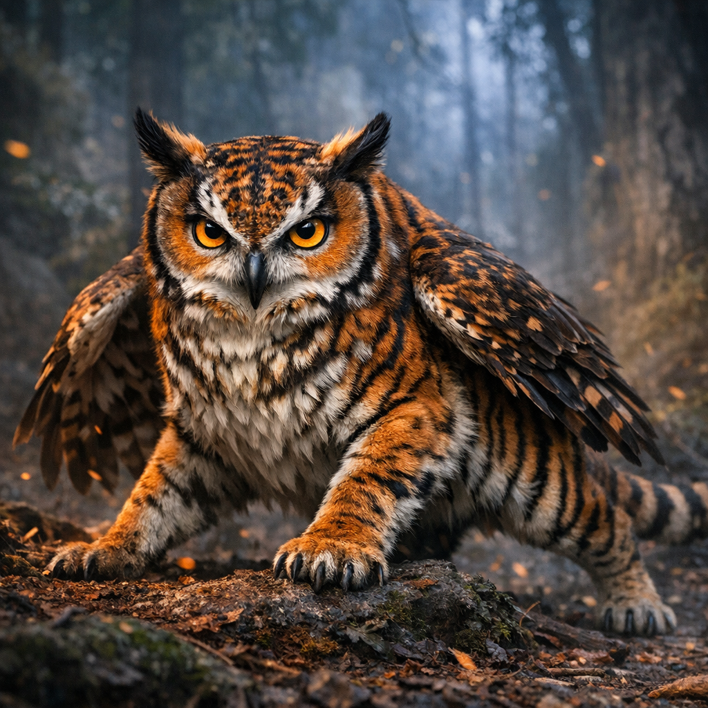 Tigowl, an AI-generated hybrid of Owl and Tiger