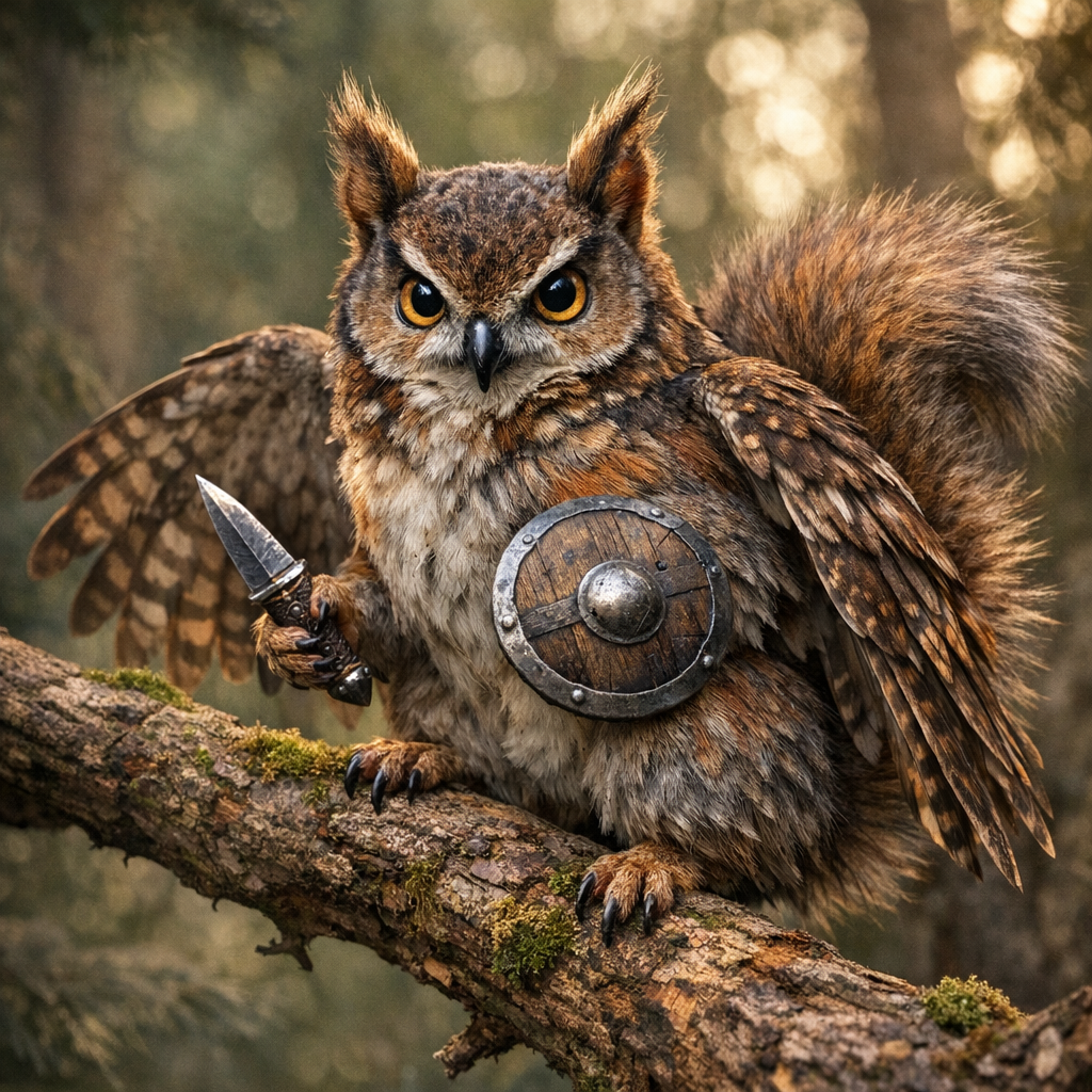 Squirrow, an AI-generated hybrid of Owl and Squirrel