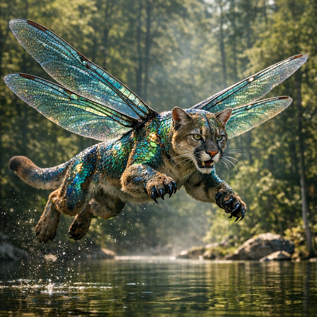Cougafly, an AI-generated hybrid of Cougar and Dragonfly