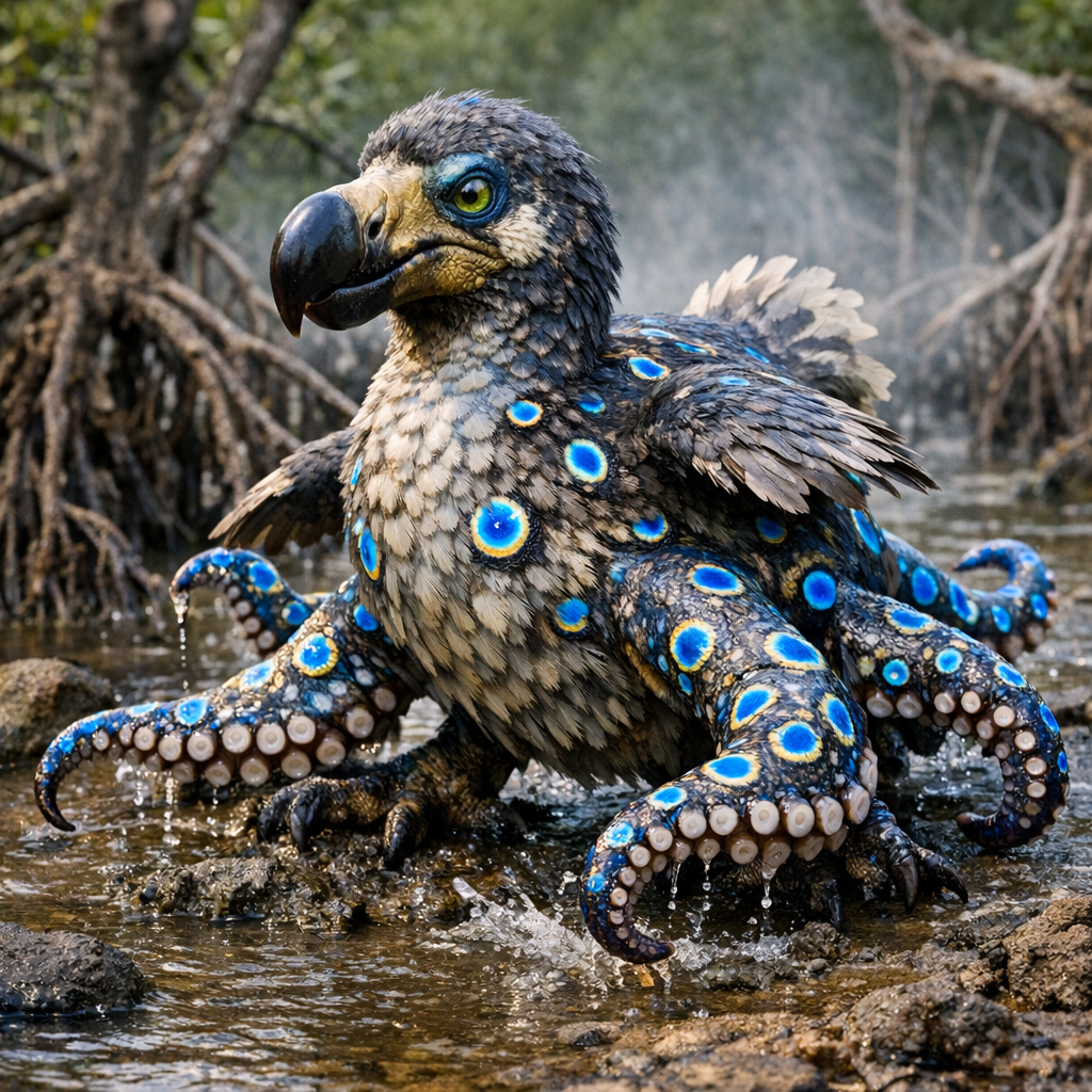 Dodomaris, an AI-generated hybrid of Dodo and blue ring octopus