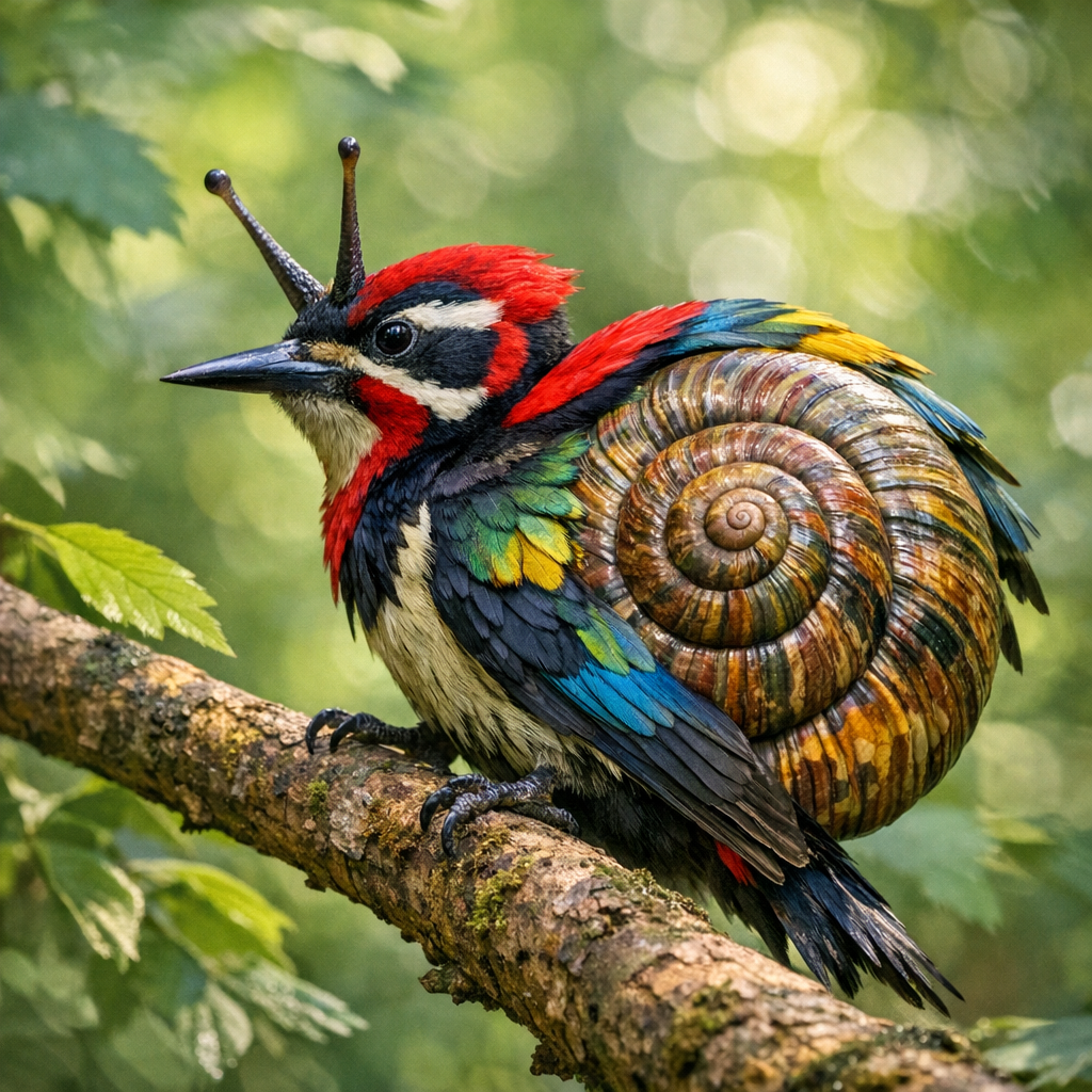 Snailpecker, an AI-generated hybrid of Snail and Woodpecker
