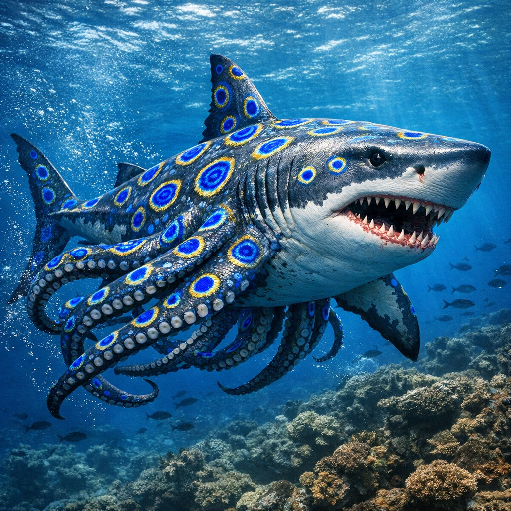 OctoShark, an AI-generated hybrid of blue ring octopus and great white shark