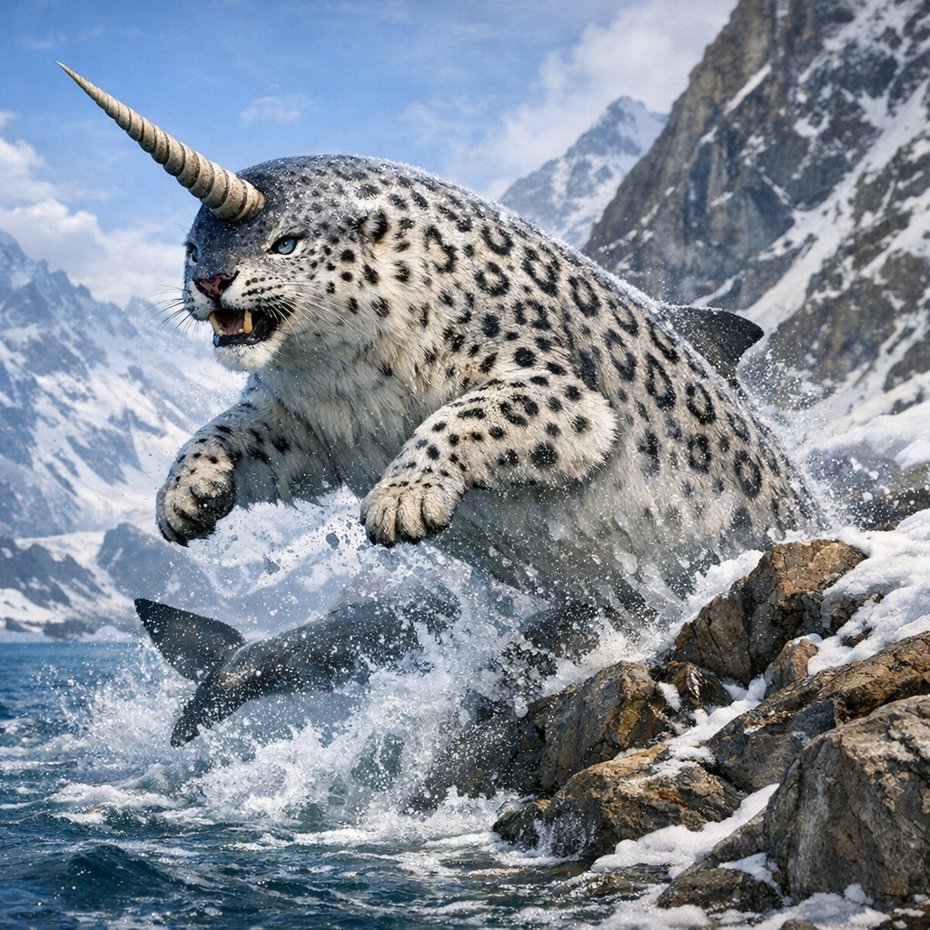 Narwhaleopard, an AI-generated hybrid of Narwhal and snow leopard