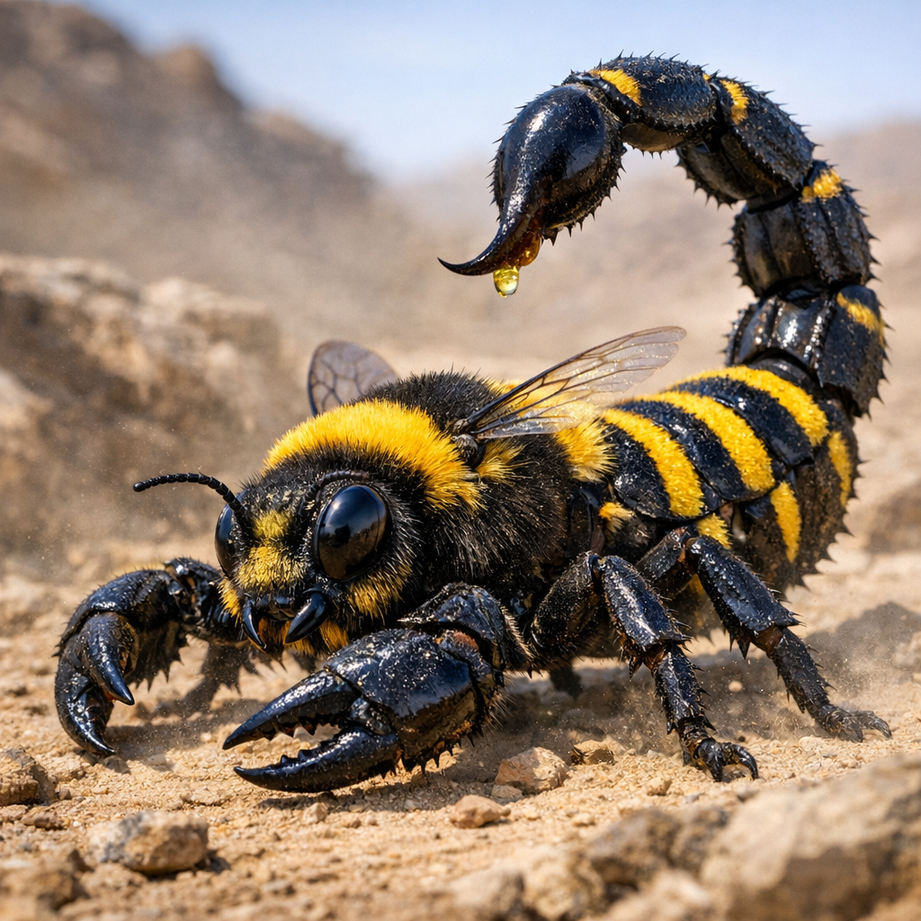 Bumblecorpi, an AI-generated hybrid of Bumblebee and Scorpion