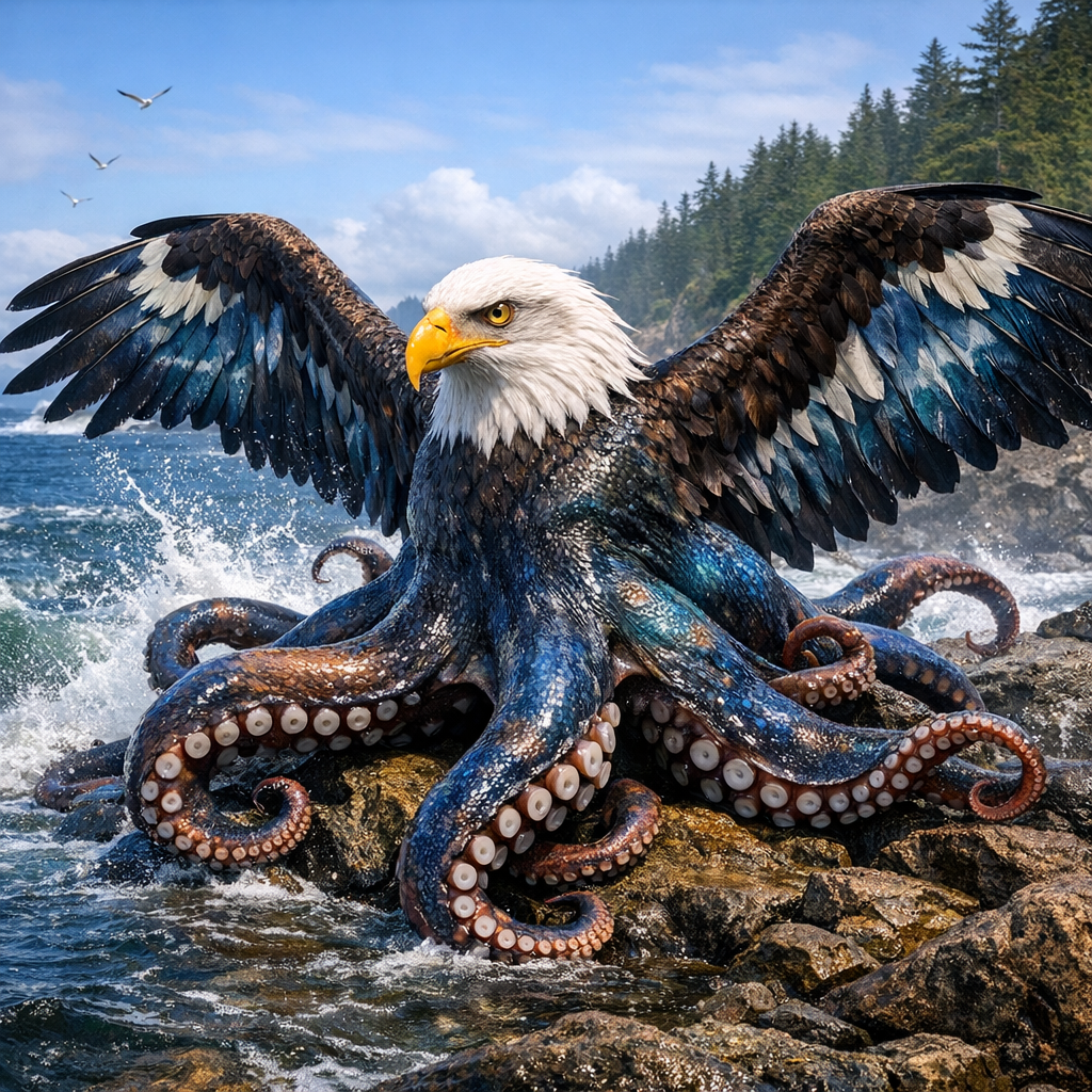 Aquilaoctopus, an AI-generated hybrid of Bald Eagle and Octopus
