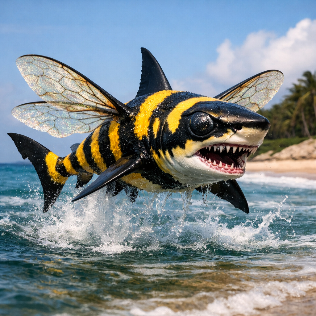 Sharkbee, an AI-generated hybrid of Shark and Bumblebee