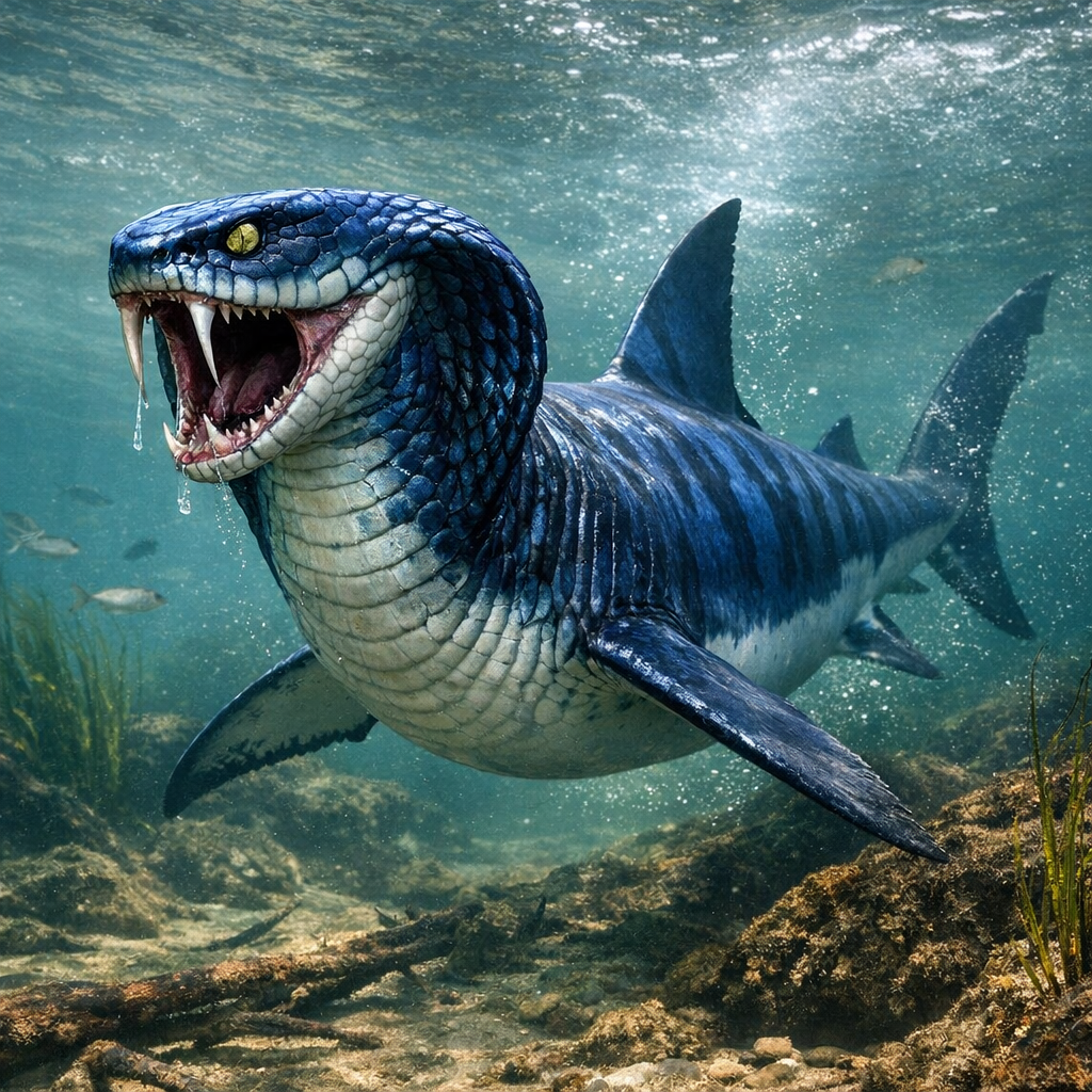 Cobra Shark, an AI-generated hybrid of Cobra and great white shark