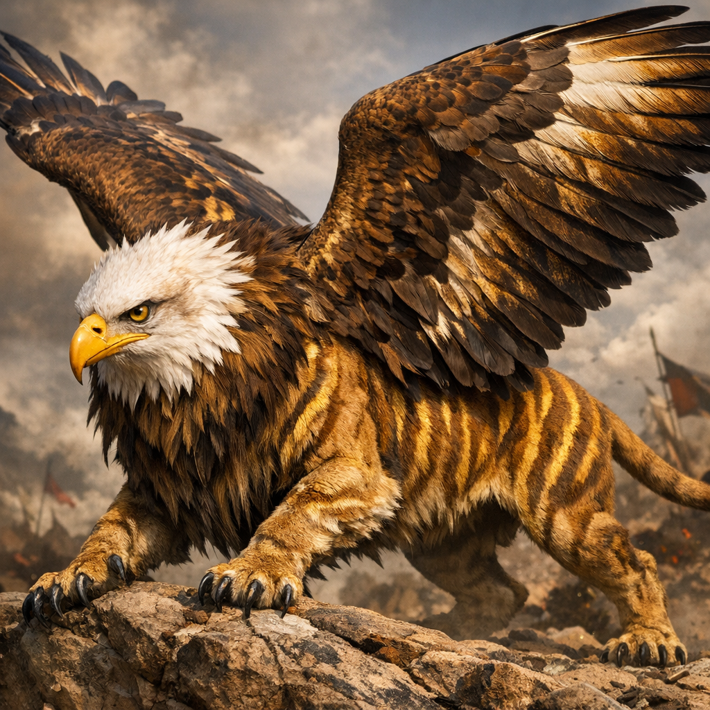 Aquilaeon, an AI-generated hybrid of Bald Eagle and Lion