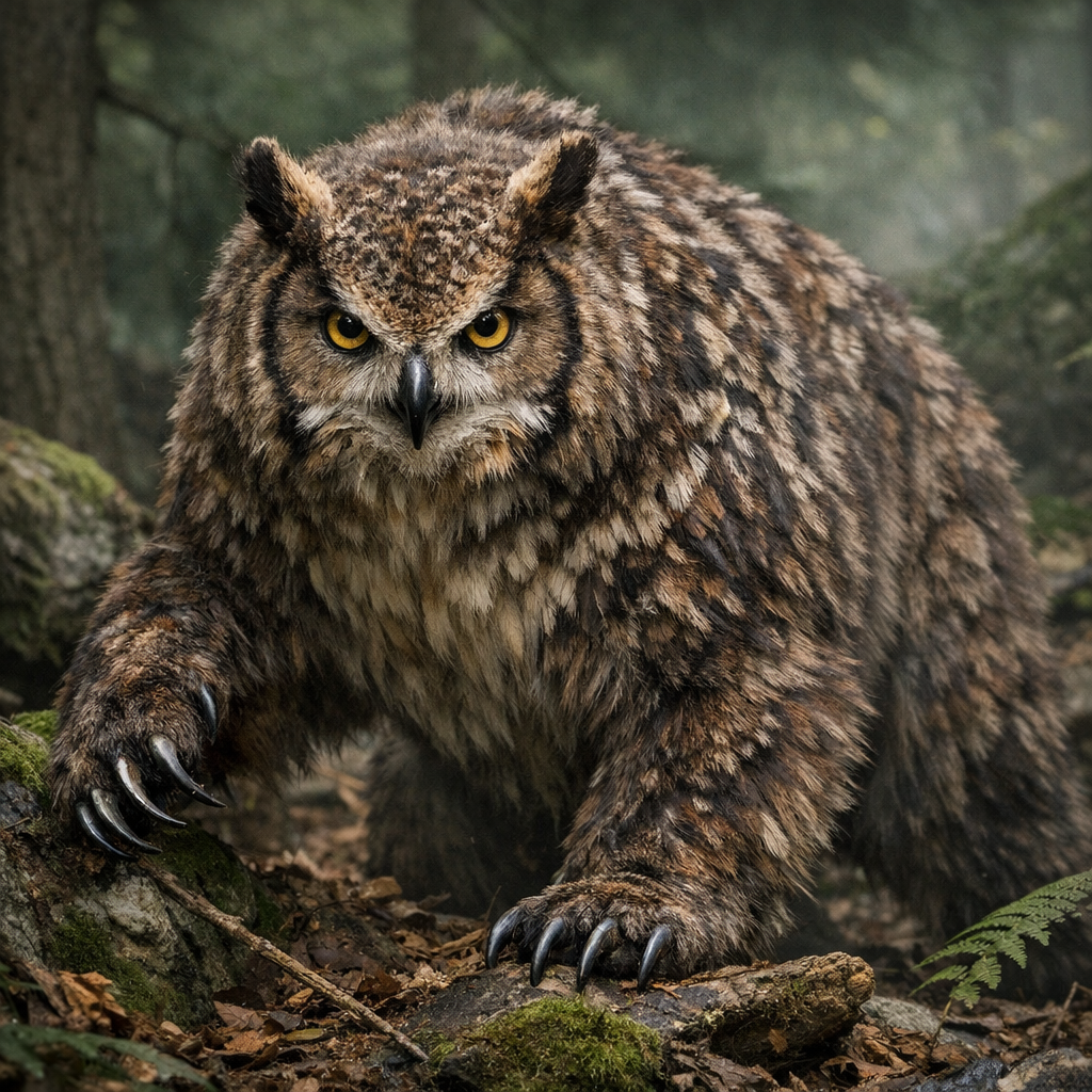 Bearowl, an AI-generated hybrid of Bear and Owl