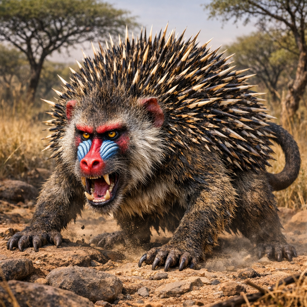 Hedgoboon, an AI-generated hybrid of Hedgehog and Baboon