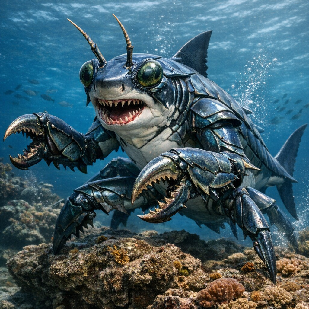 Sharktis, an AI-generated hybrid of great white shark and Mantis