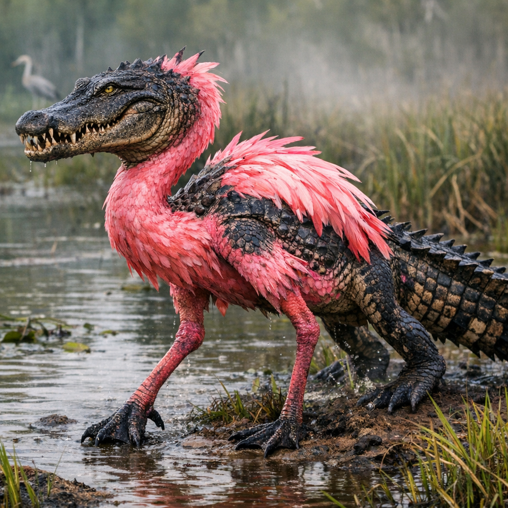 Alligamigo, an AI-generated hybrid of Alligator and Flamingo