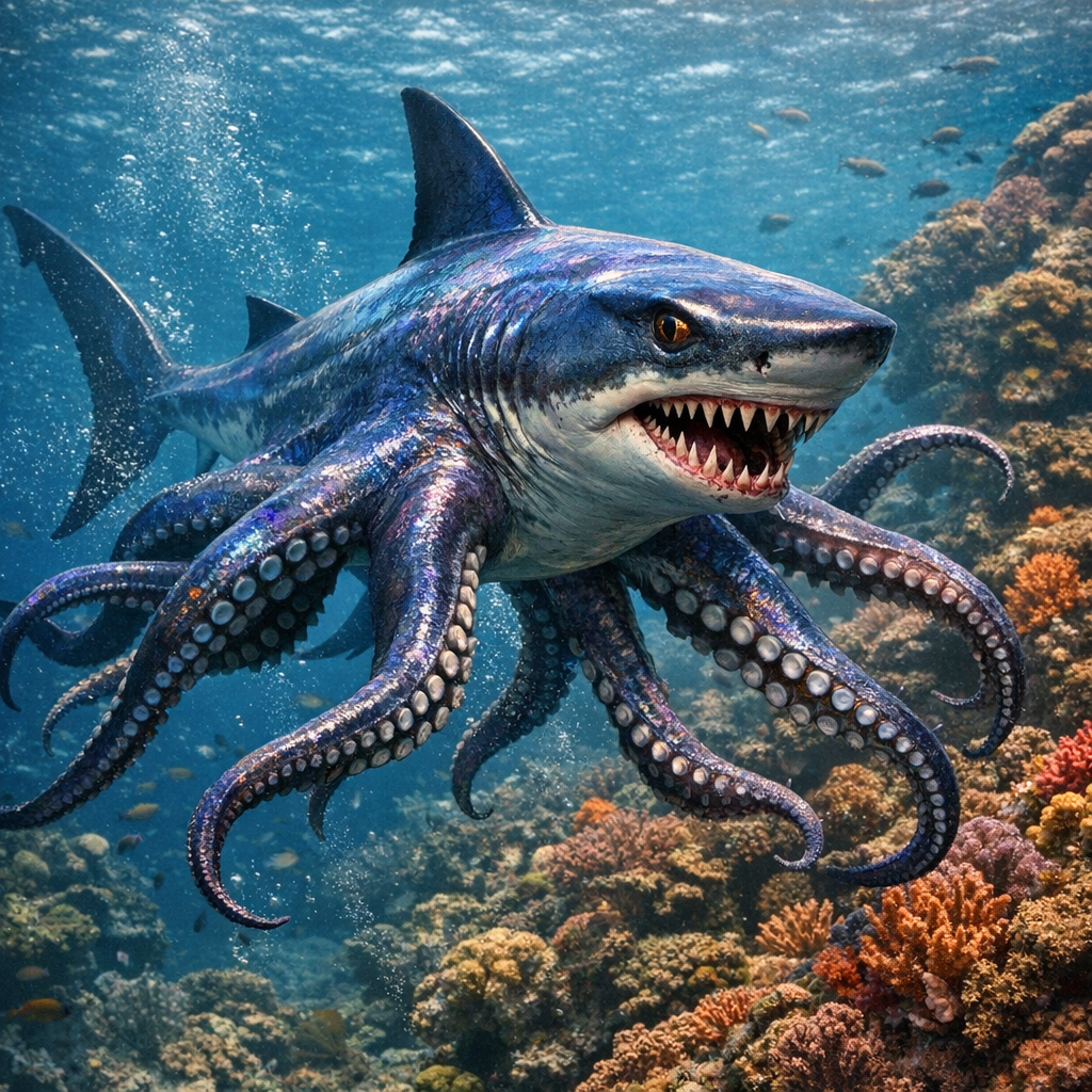 OctoShark, an AI-generated hybrid of Octopus and Shark