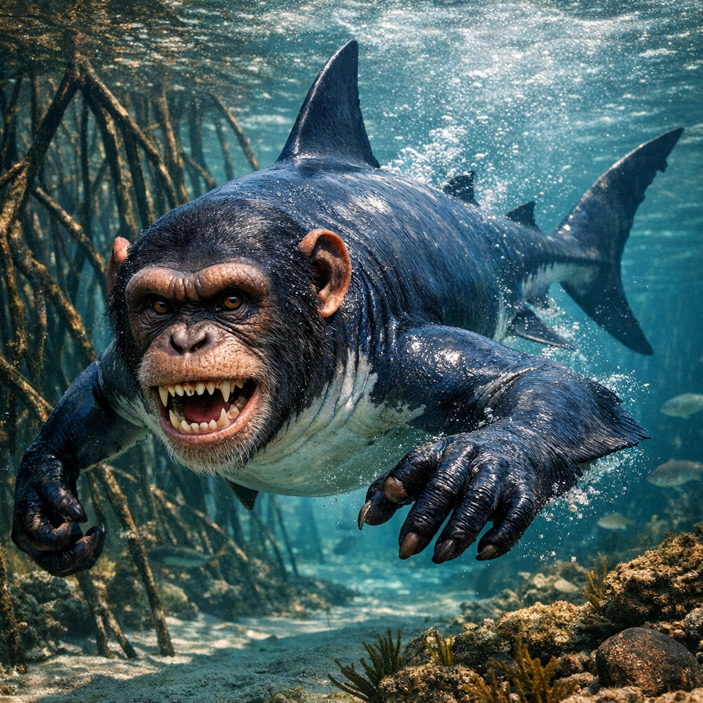 Chimpshark, an AI-generated hybrid of Chimpanzee and Shark