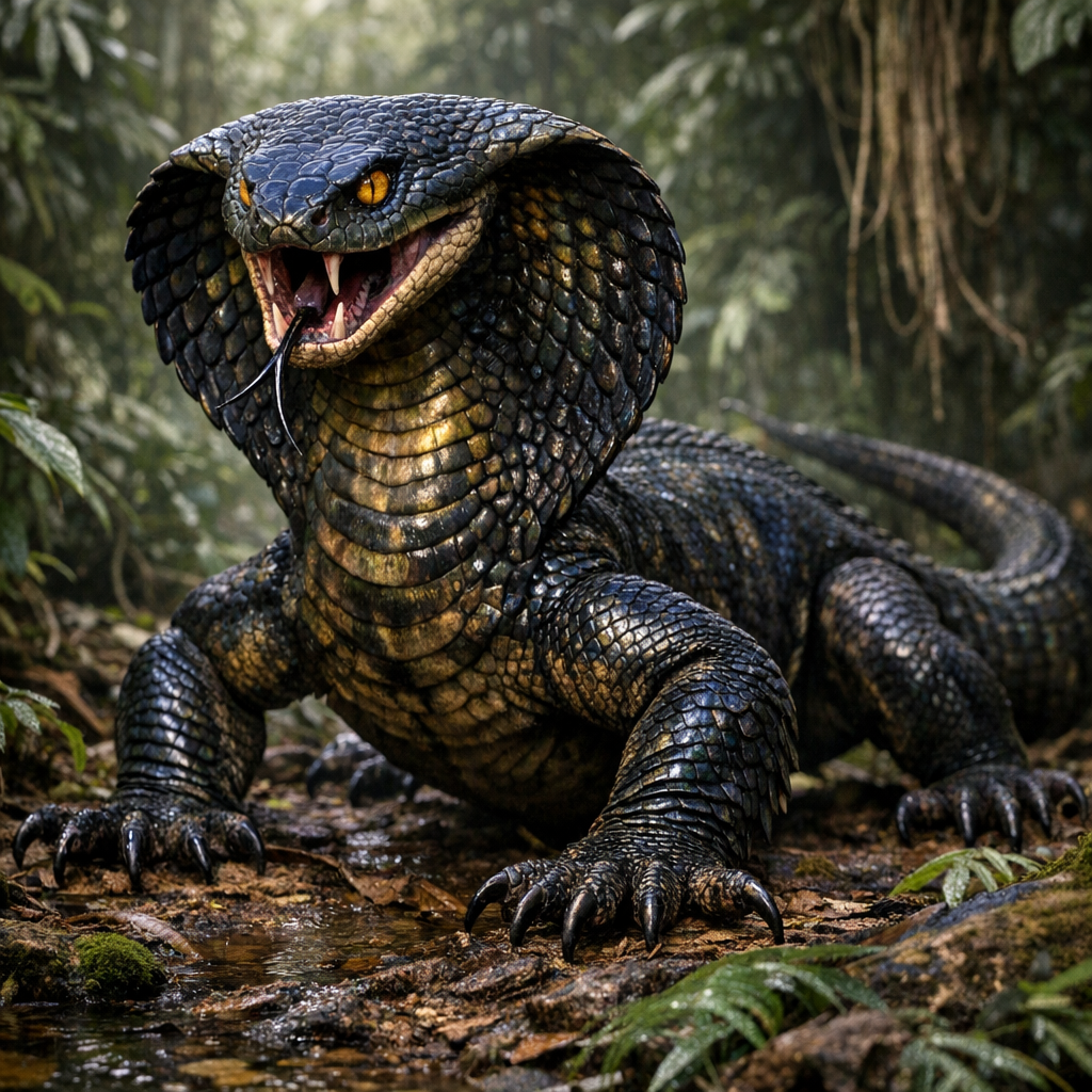 CobraDragon, an AI-generated hybrid of Cobra and Komodo Dragon