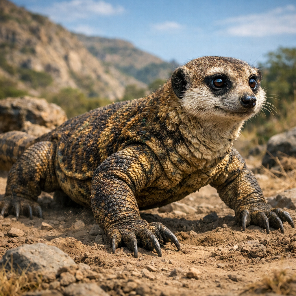 Kommeer, an AI-generated hybrid of Komodo Dragon and Meerkat