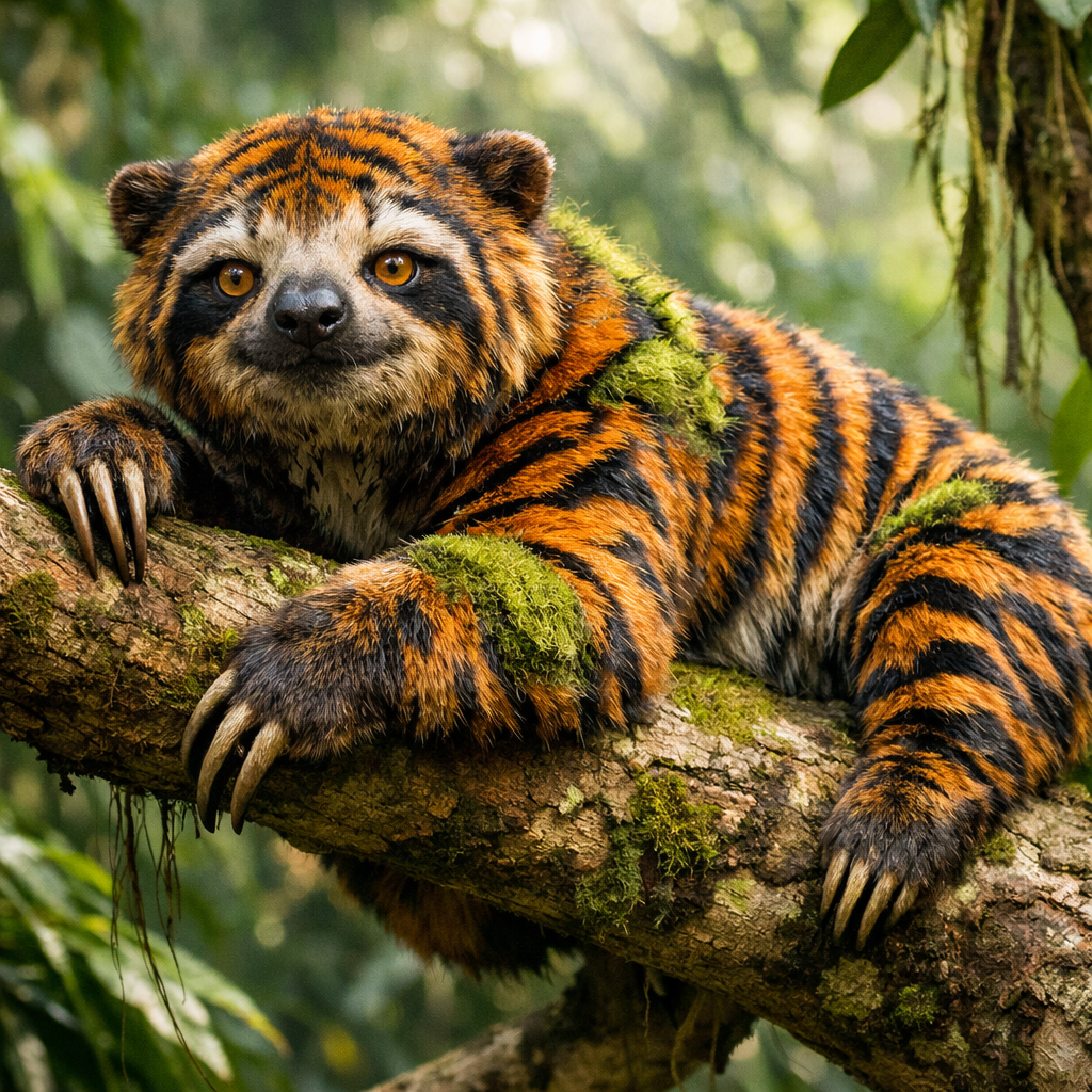Slothiger, an AI-generated hybrid of Sloth and Tiger