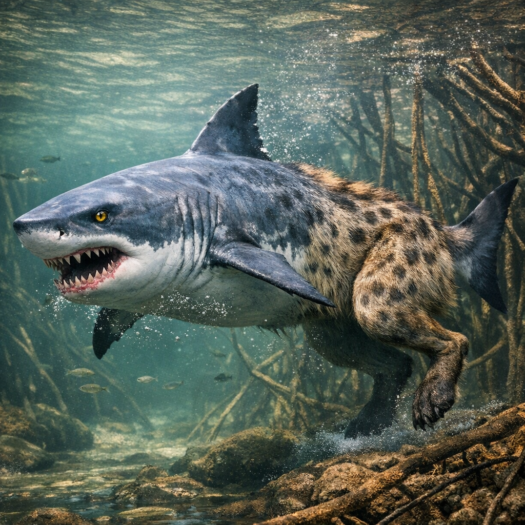 Sharkena, an AI-generated hybrid of great white shark and Hyena