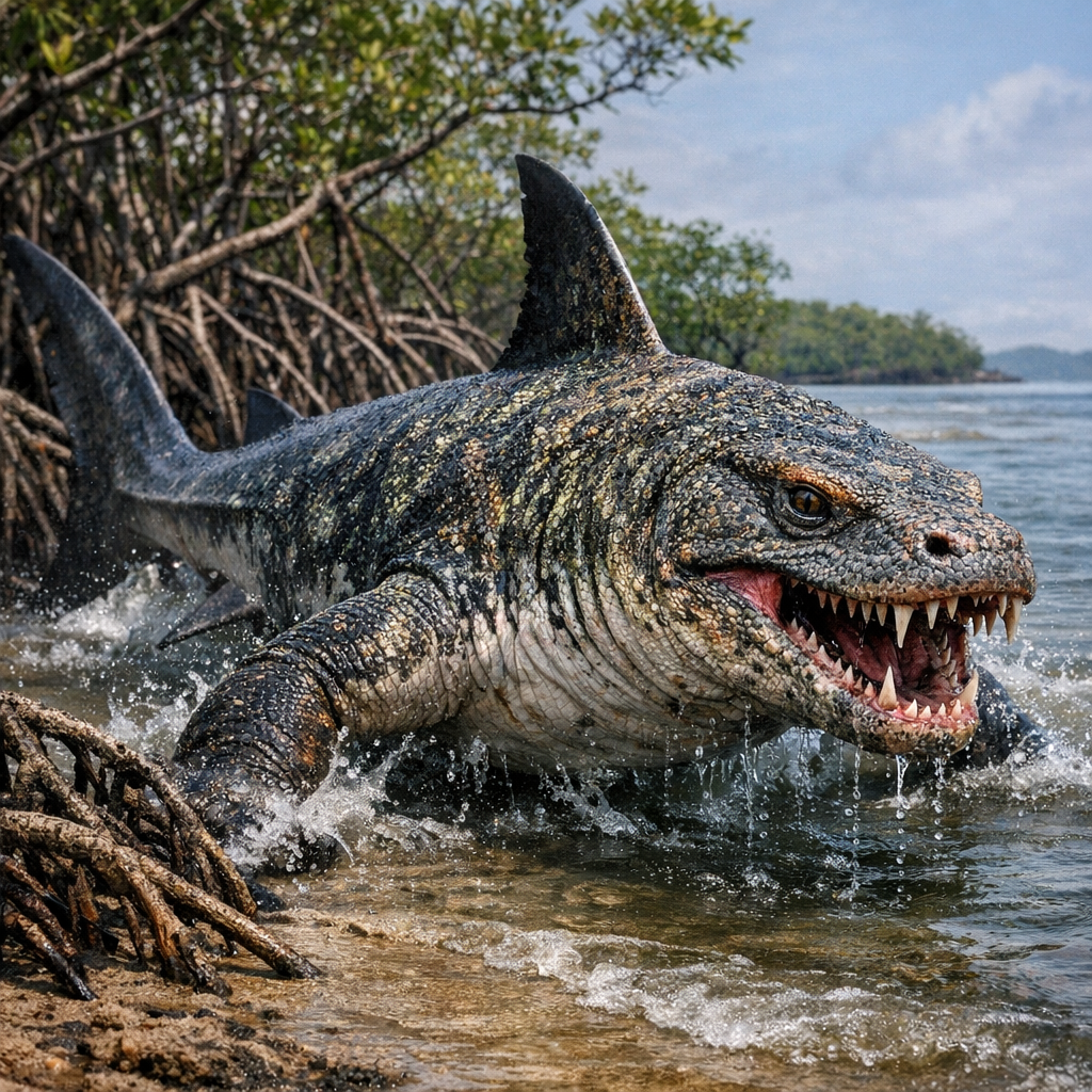 Komoshark, an AI-generated hybrid of Komodo Dragon and Shark