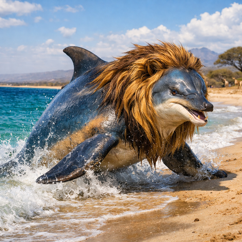 Dolphion, an AI-generated hybrid of Dolphin and Lion