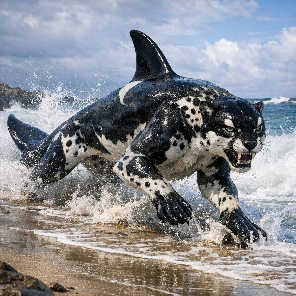 Cheetorca, an AI-generated hybrid of Cheetah and orca