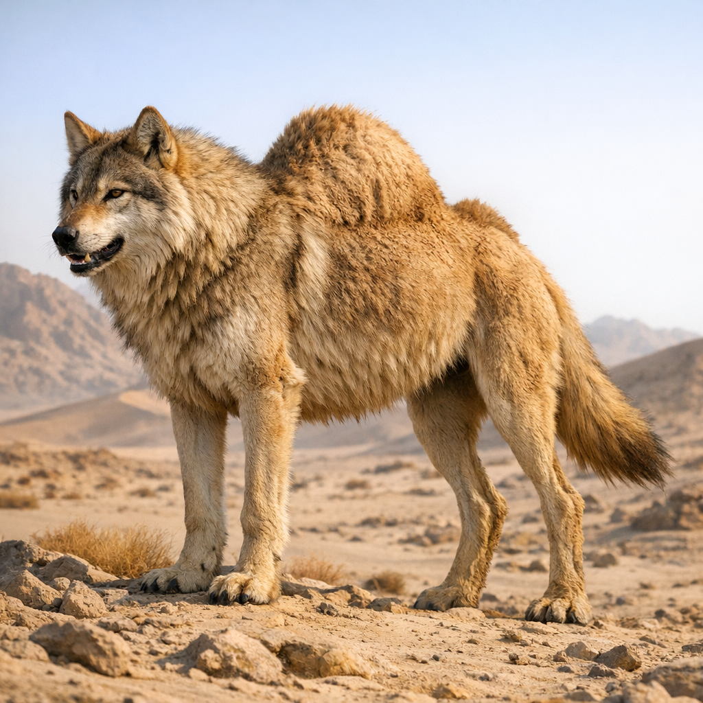 Wolcamel, an AI-generated hybrid of Wolf and Camel