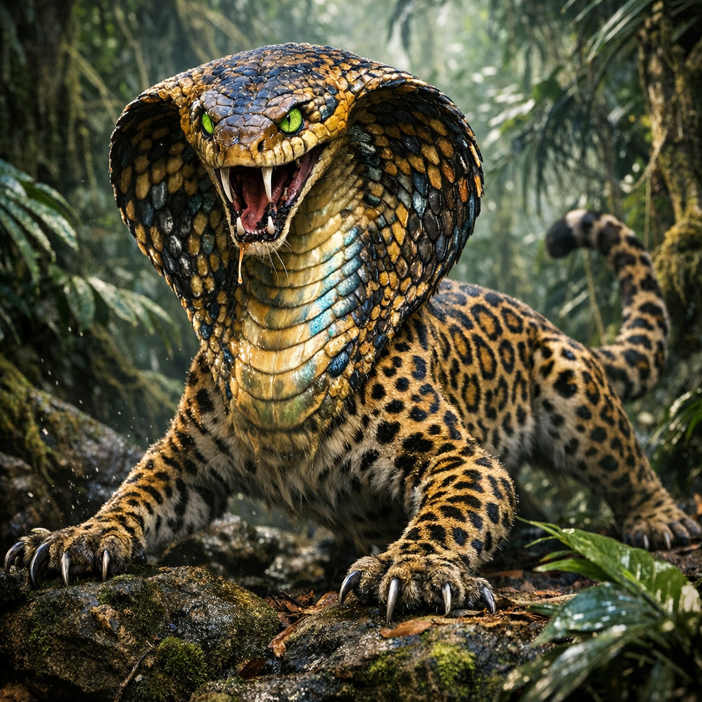 Cobraopard, an AI-generated hybrid of Cobra and Leopard