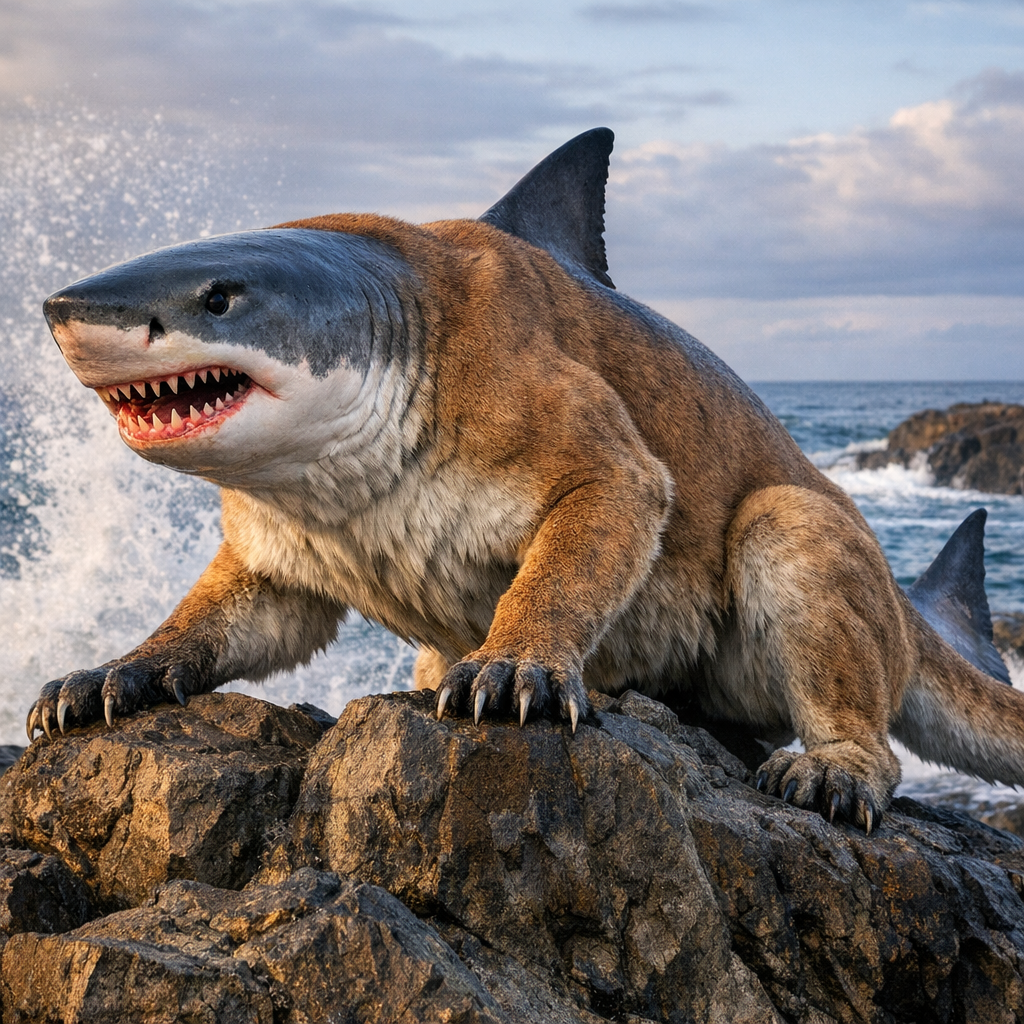 Cougar Shark, an AI-generated hybrid of Cougar and great white shark