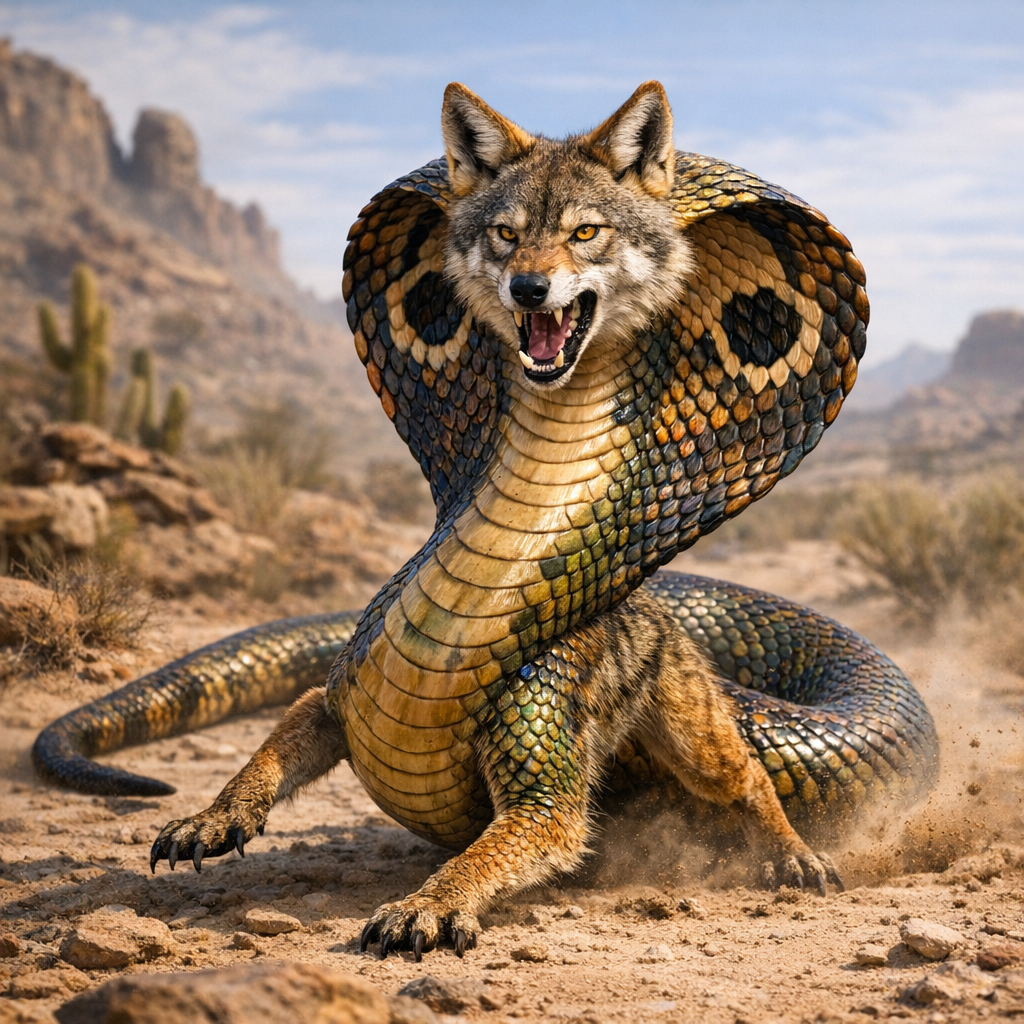 CobraYote, an AI-generated hybrid of Cobra and Coyote