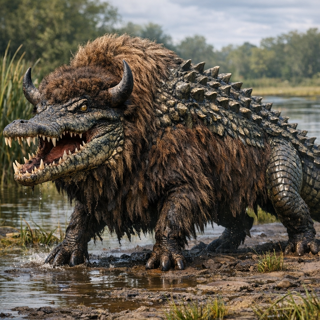 Crocobison, an AI-generated hybrid of Crocodile and Bison