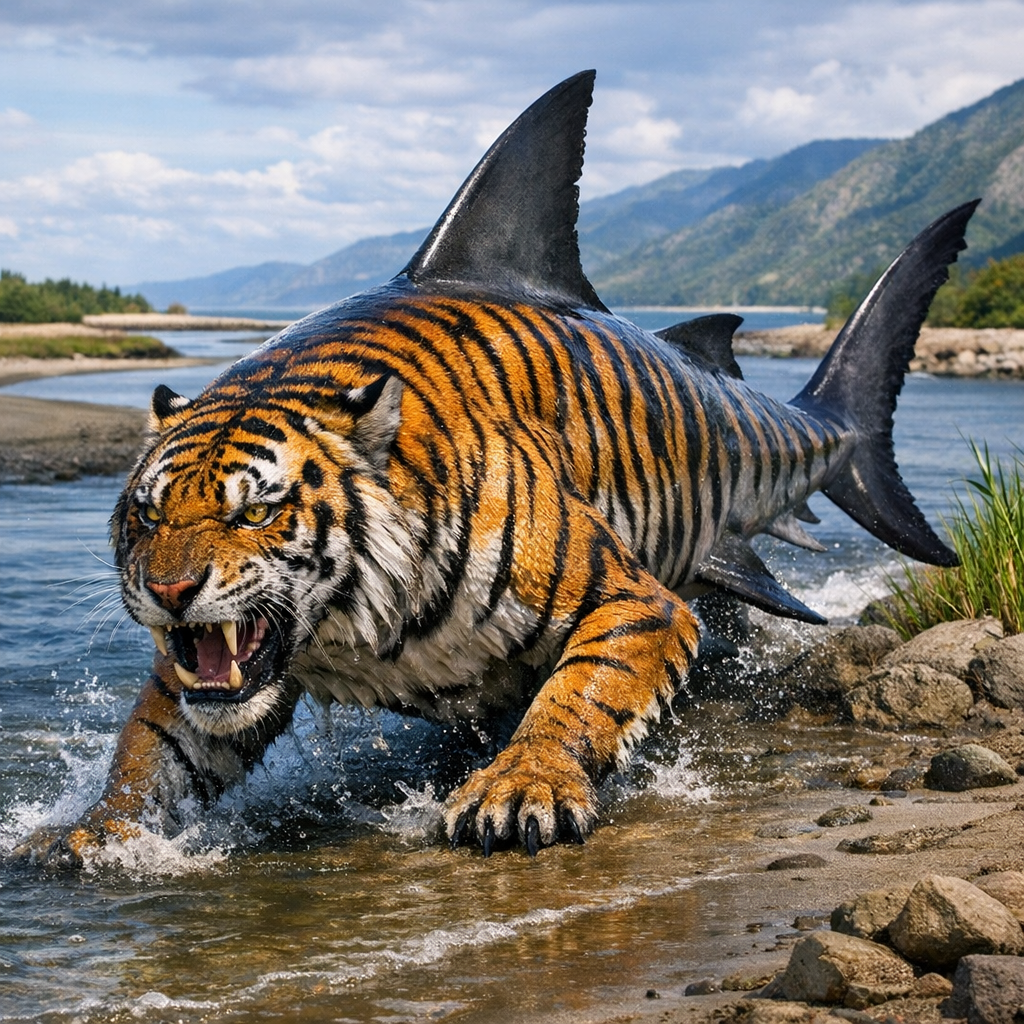 Tigshark, an AI-generated hybrid of Tiger and Shark