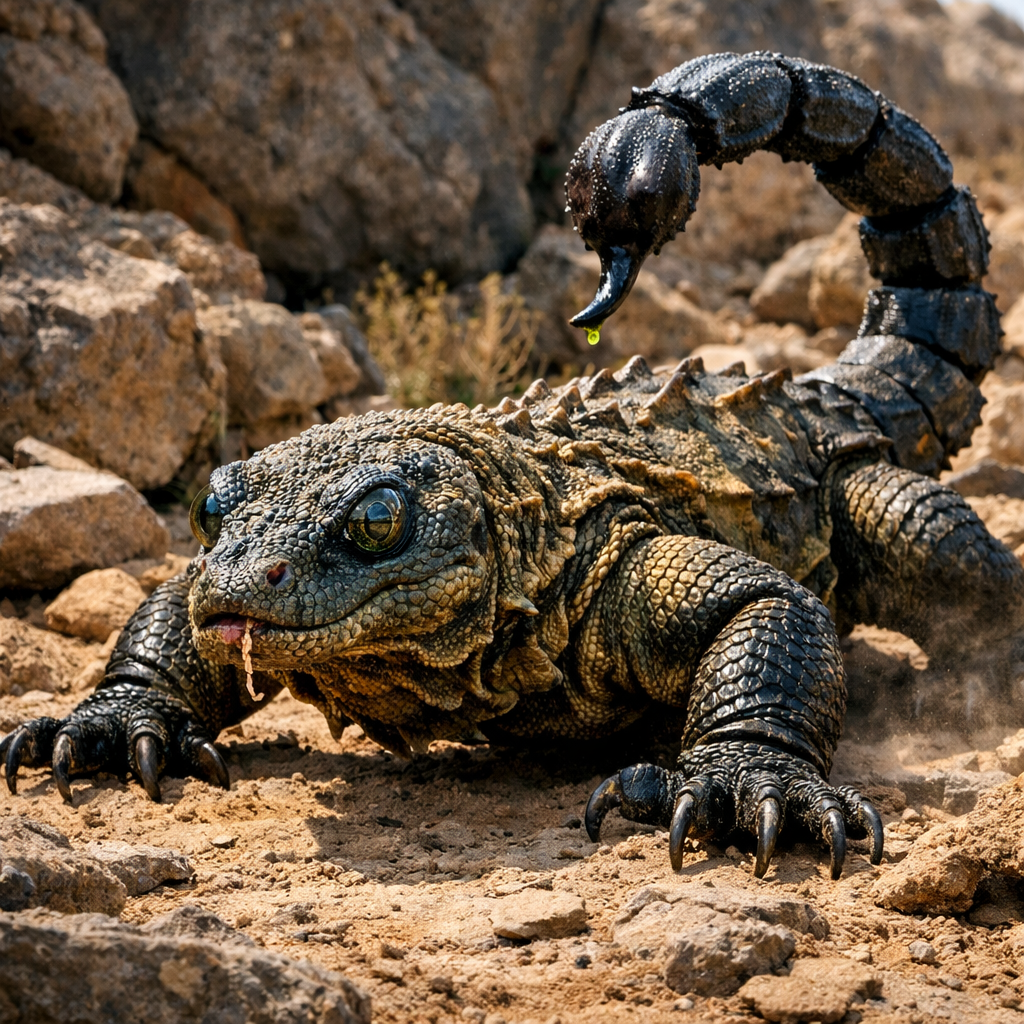 Komoscorpio, an AI-generated hybrid of Komodo Dragon and Scorpion