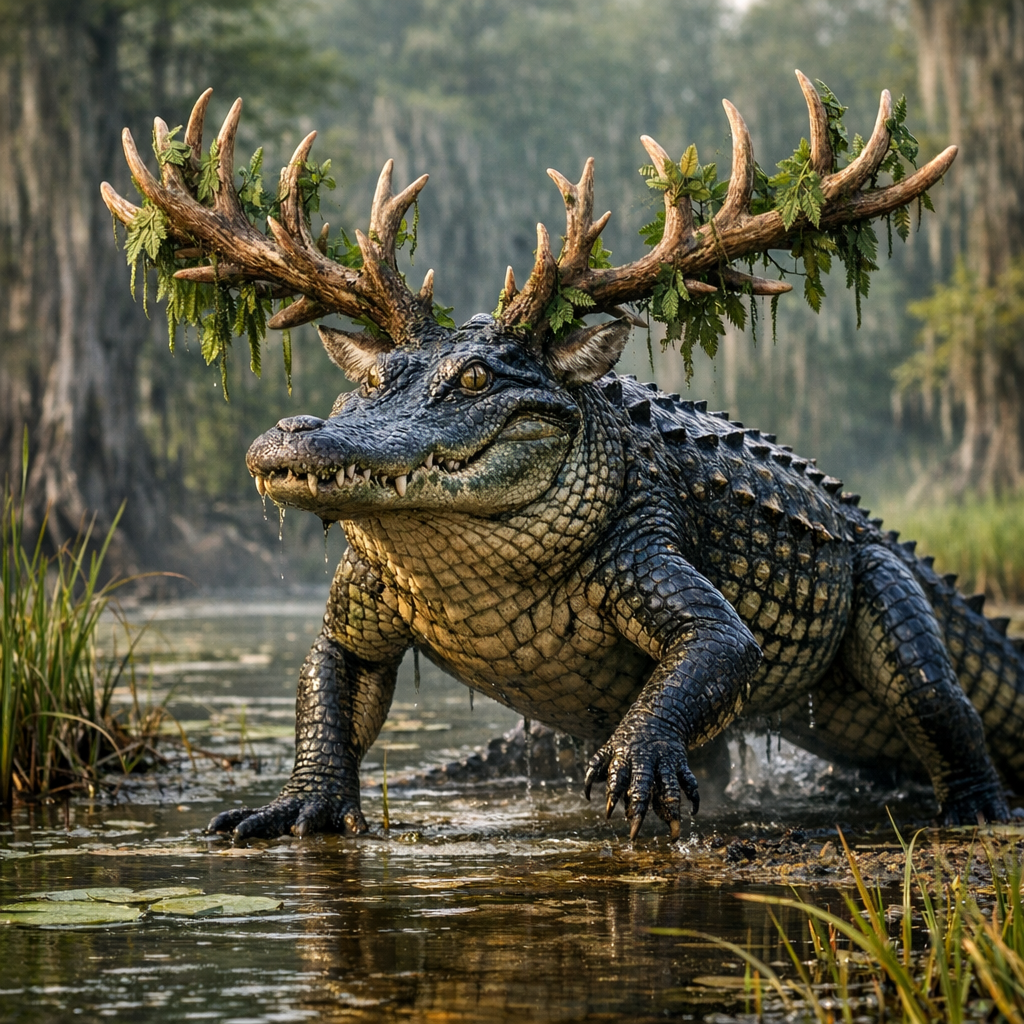 Allideer, an AI-generated hybrid of Alligator and Deer