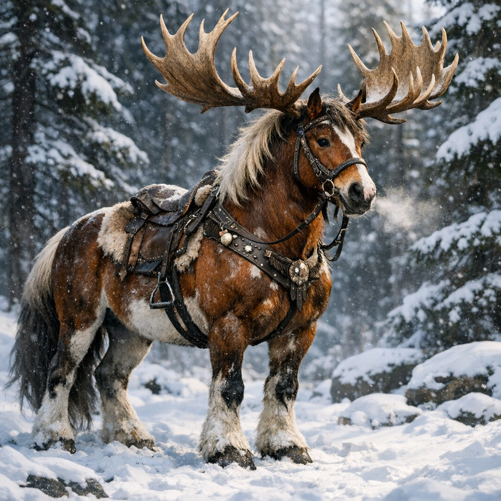 Reinhorse, an AI-generated hybrid of Reindeer and horse