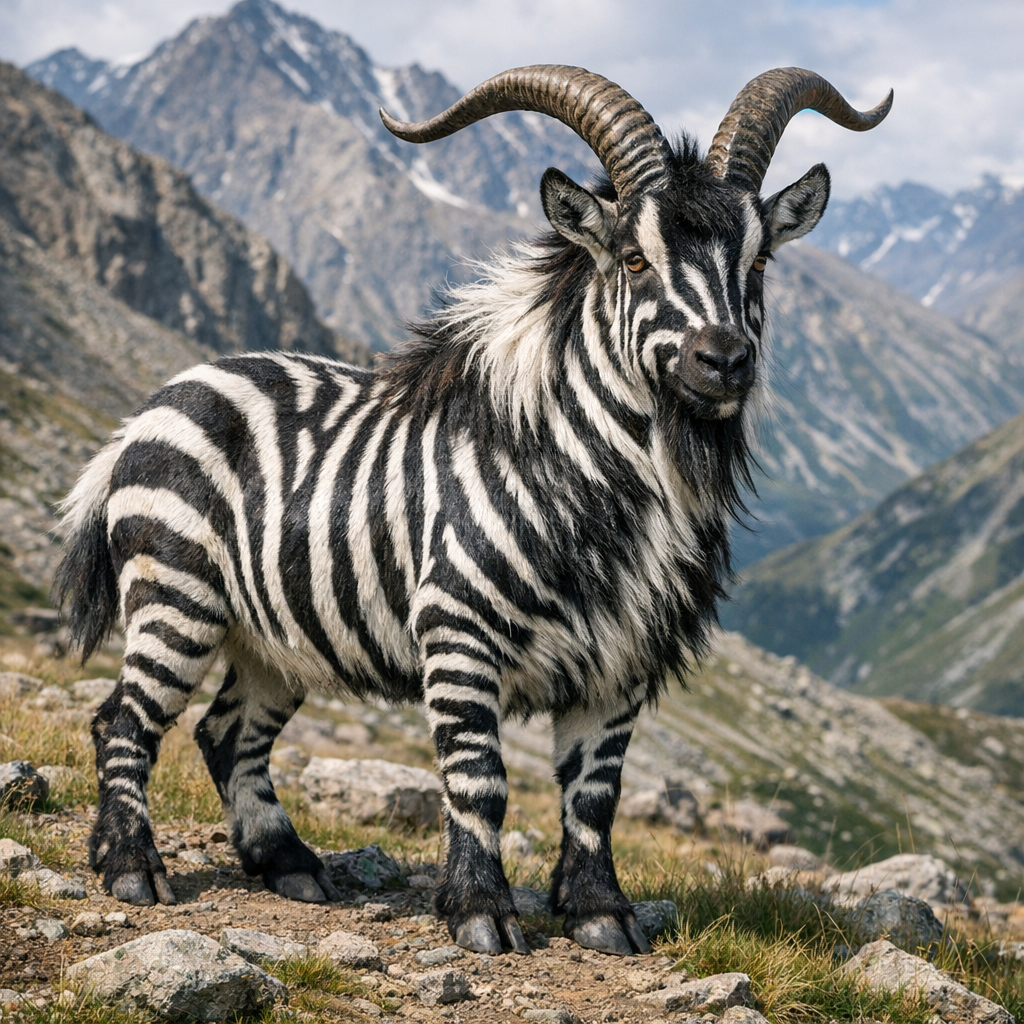 Zegoa, an AI-generated hybrid of Zebra and Goat