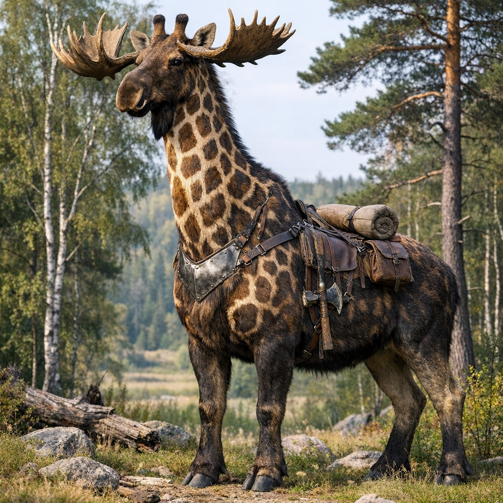 Giraffe Moose, an AI-generated hybrid of Giraffe and Moose