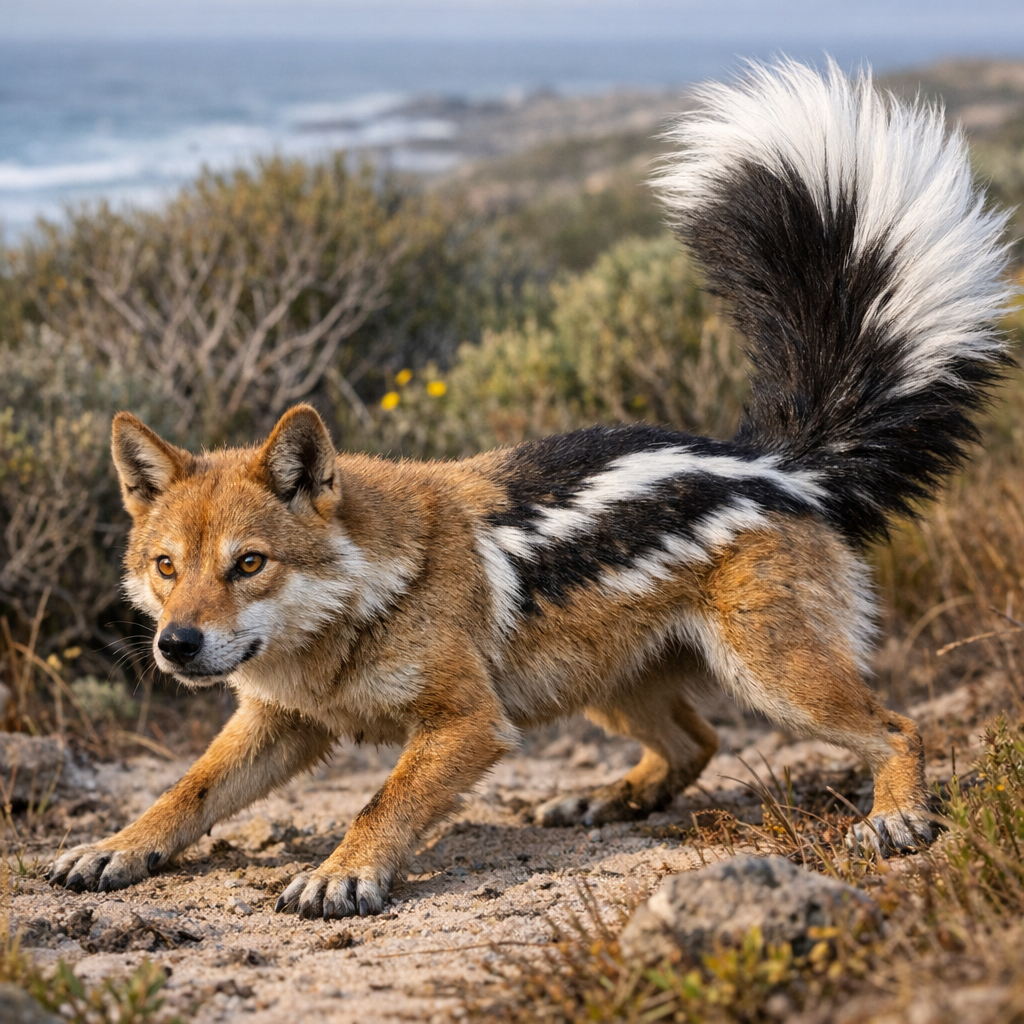 Dingunk, an AI-generated hybrid of Dingo and Skunk