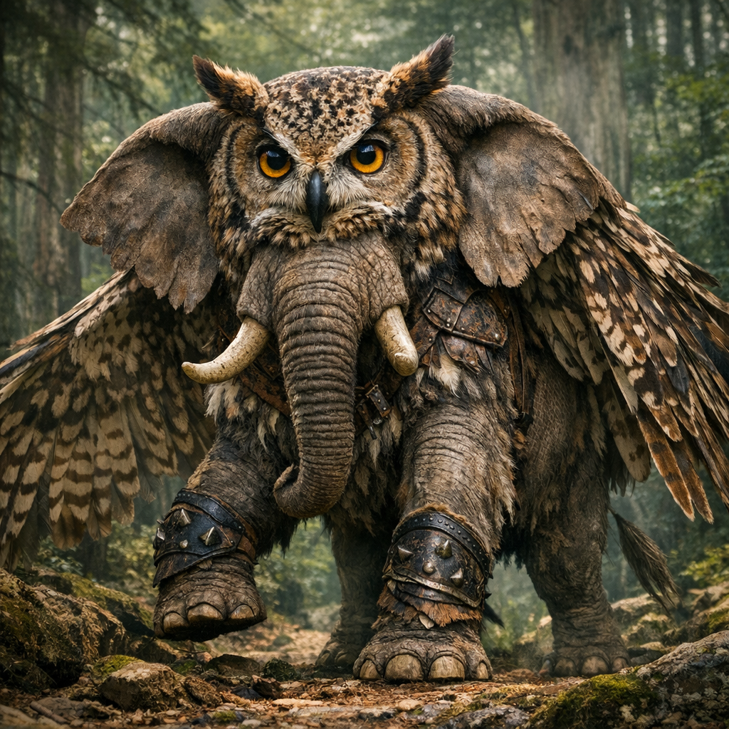Eleowl, an AI-generated hybrid of Elephant and Owl