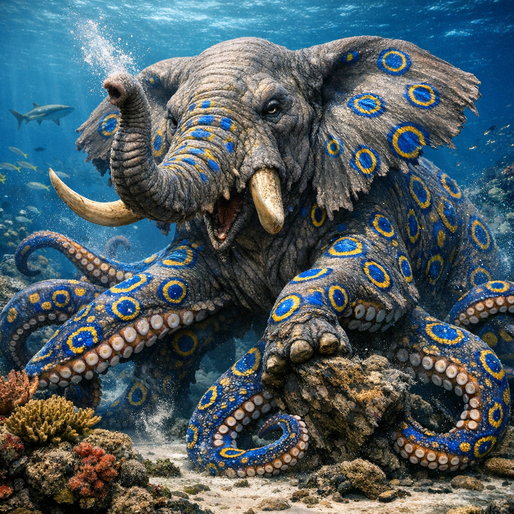 Elephoctopus, an AI-generated hybrid of Elephant and blue ring octopus