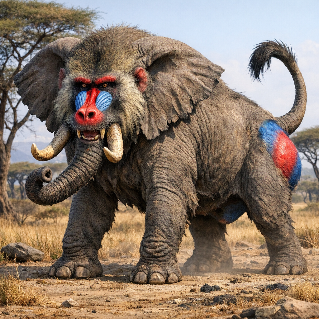 Elephoon, an AI-generated hybrid of Elephant and Baboon