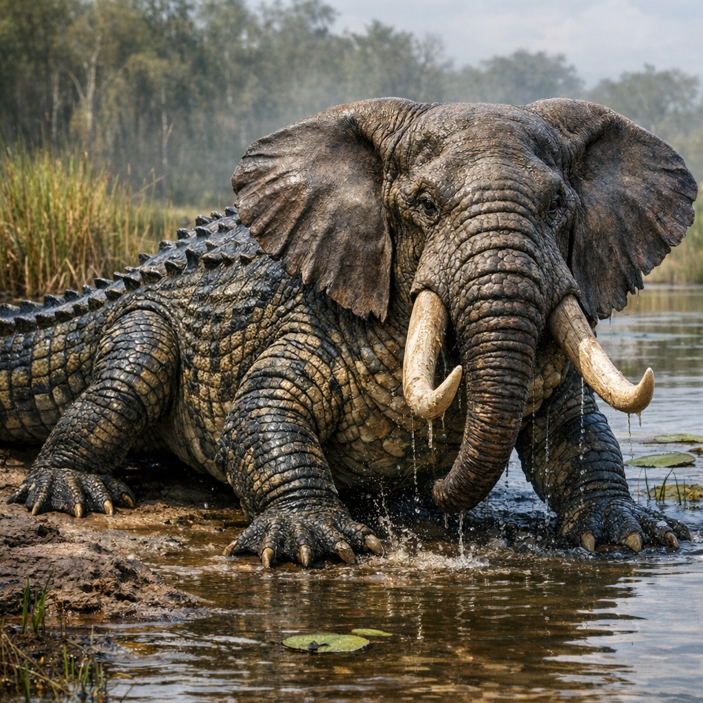 Alliphant, an AI-generated hybrid of Alligator and Elephant