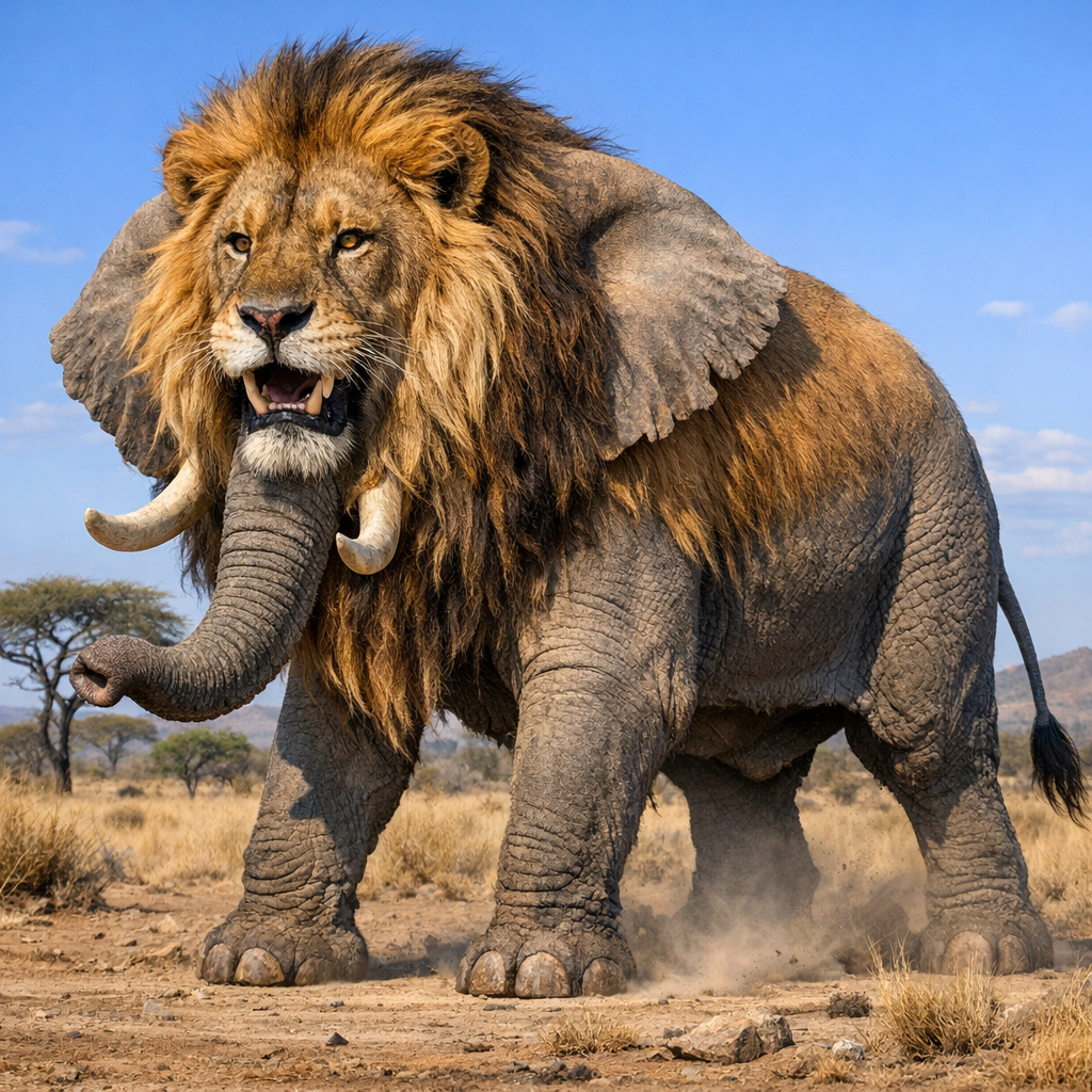 Elephlion, an AI-generated hybrid of Elephant and Lion