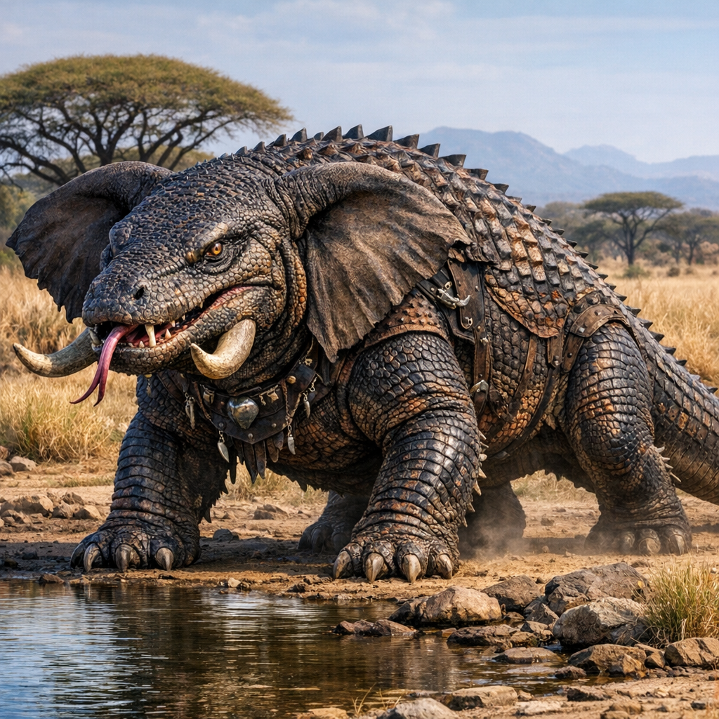 Komodolephant, an AI-generated hybrid of Komodo Dragon and Elephant