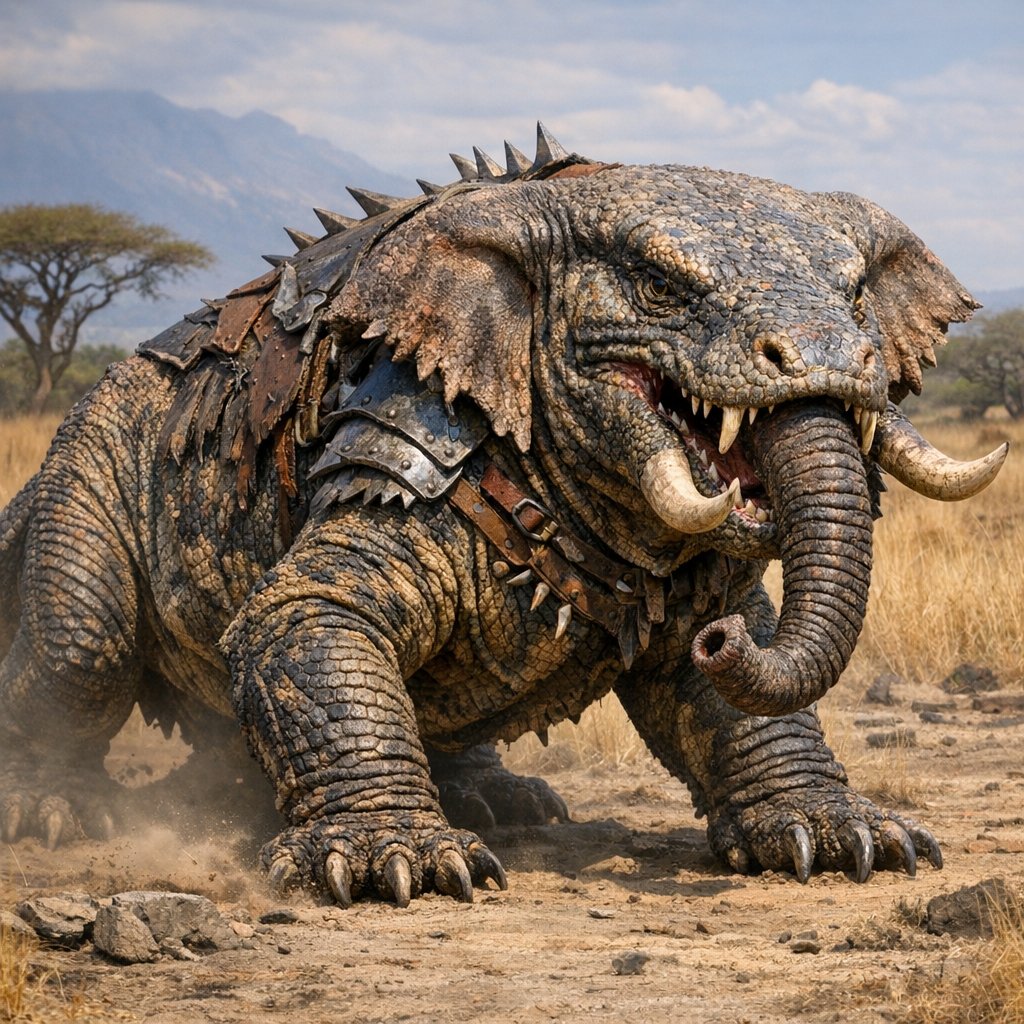 Komodophant, an AI-generated hybrid of Komodo Dragon and Elephant