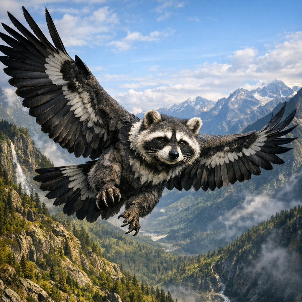 Condaraccoon, an AI-generated hybrid of Condor and Raccoon