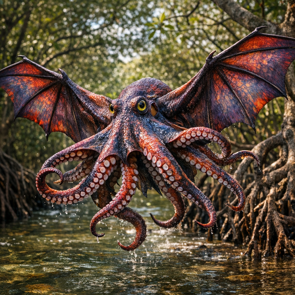 Octibat, an AI-generated hybrid of Octopus and Bat