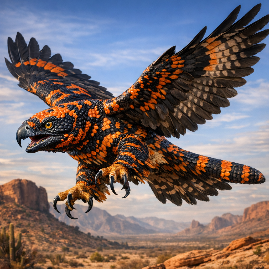 GilaFalcon, an AI-generated hybrid of Gila monster and falcon