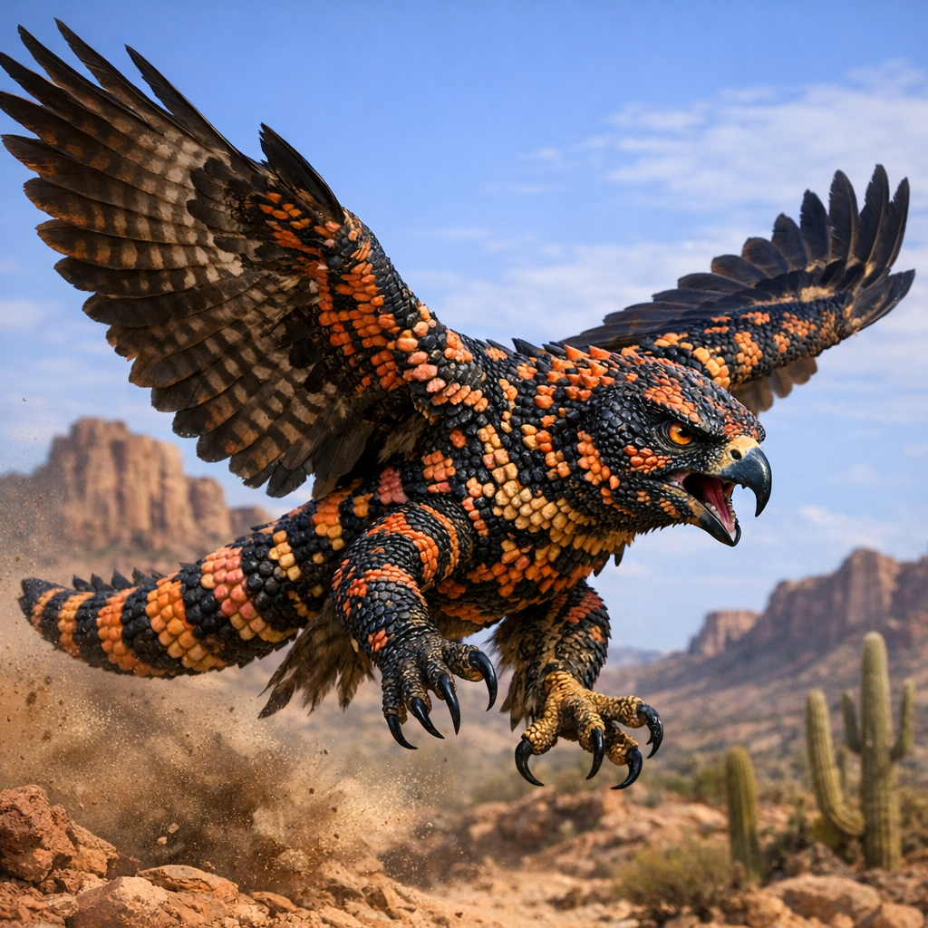 Falconmon, an AI-generated hybrid of falcon and Gila monster