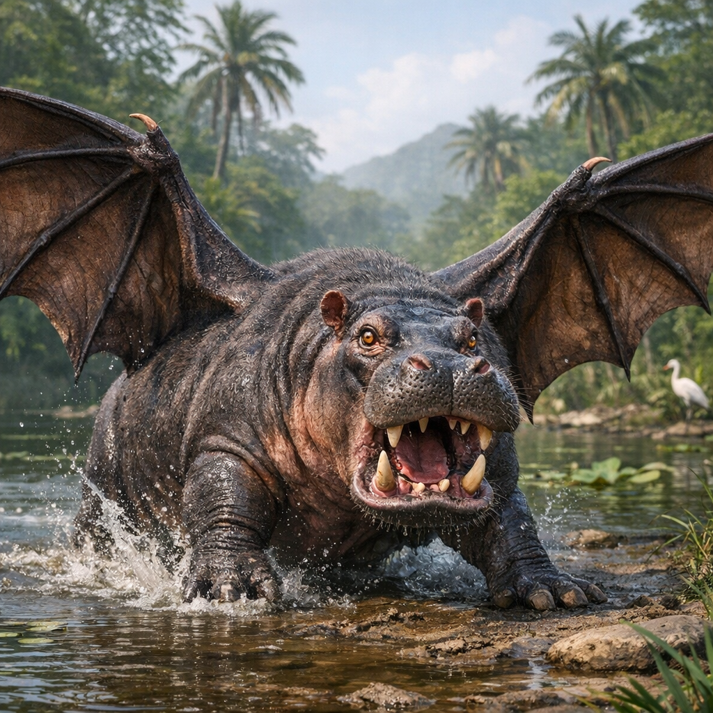 HippoBat, an AI-generated hybrid of Hippopotamus and Bat