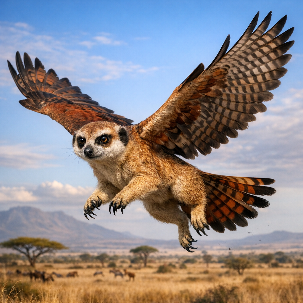 Meerkalcon, an AI-generated hybrid of Meerkat and falcon